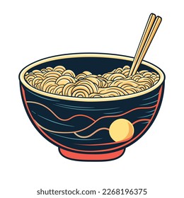 Doodle flat clipart. A bowl of noodles with Chinese chopsticks. All objects are repainted.