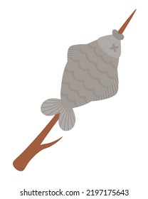 Doodle flach Clip Art. Camping Mittagessen, Fisch auf einem Zweig zum Braten über einem Feuer. Alle Objekte werden neu gestrichen.