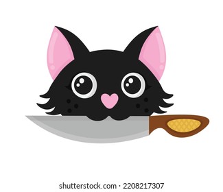 Doodle flat clipart. Cunning cute cat with a knife in his teeth. All objects are repainted.