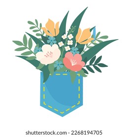 Doodle flat clipart. A cute bouquet of wild flowers in a jeans pocket. All colors are easy to change.