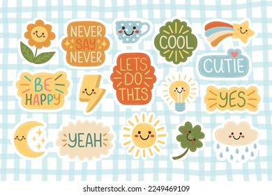 Doodle Flat Clipart. Cute motivational stickers. All Objects Are Repainted.