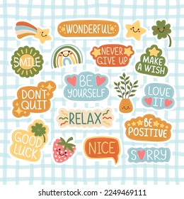 Doodle Flat Clipart. Cute motivational stickers. All Objects Are Repainted.