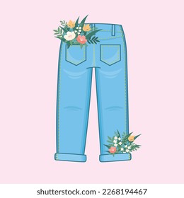 Piloto plano Doodle. Un lindo par de jeans unisex con un ramo de flores silvestres en el bolsillo. Todos los colores son fáciles de cambiar.