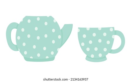 Doodle-Flachklammer, süße Tasse und Teekanne mit Polka-Punkten