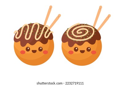 Doodle flat clipart. Cute takoyaki, Asian street food. All objects are repainted.
