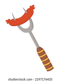 Doodle flach Clip Art. Wurst auf einem Spieß zum Braten über einem Feuer. Alle Objekte werden neu gestrichen.