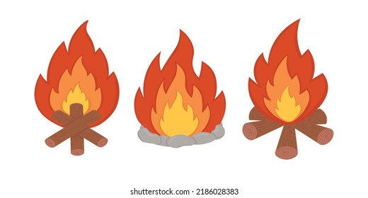 Doodle flat clipart. A set of burning bonfires for relaxing in the evening at the campsite.
