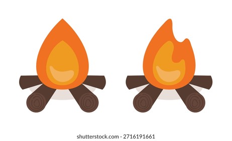 Clipart plano Doodle. Un conjunto de hogueras ardientes para relajarse por la noche en el camping.