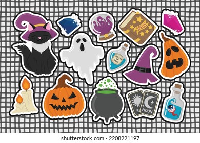 Piloto plano Doodle. Juego de lindos stickers de Halloween. Todos los objetos se vuelven a pintar.