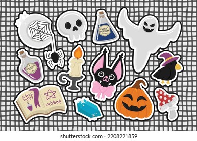Piloto plano Doodle. Juego de lindos stickers de Halloween. Todos los objetos se vuelven a pintar.