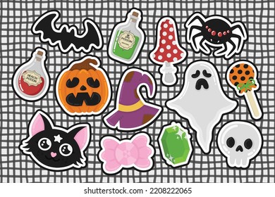 Doodle flat clipart. Set of cute halloween stickers. All objects are repainted.