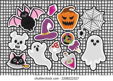 Doodle flach Clip Art. Set süßer Halloween-Aufkleber. Alle Objekte werden neu gestrichen.