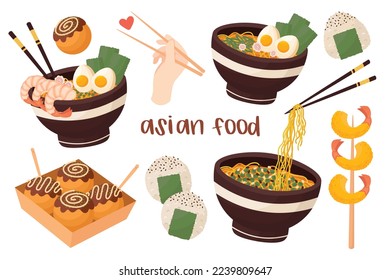 Doodle flat clipart. Set of different asian food. All objects are repainted.