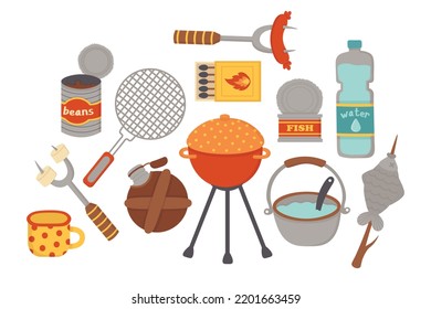 Doodle flat clipart. A set of food for cooking on the street and while traveling. All objects are repainted.