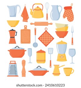 Doodle flat clipart. Set of kitchen utensils for cooking