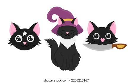 Piloto plano Doodle. Conjunto de gatos mágicos. Todos los objetos se vuelven a pintar.