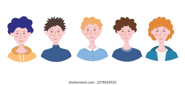 Piloto plano Doodle. Conjunto de retratos simples de hombres. Se Repintan Todos Los Objetos.