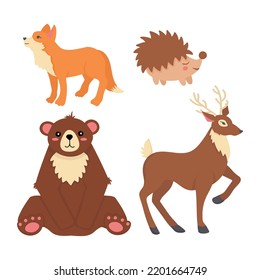 Doodle flat clipart. Set of wild animals. Hedgehog, fox, deer and bear. All objects are repainted.