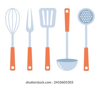 Doodle flat clipart. Simple illustration of kitchen tool, whisk, ladle, meat fork, slotted spoon, spatula