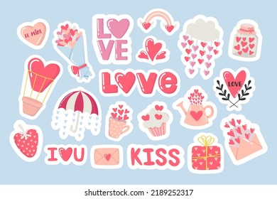 Doodle flat clipart. A small set of love stickers. All objects are repainted.