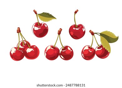 Doodle flat clipart. Sweet red realistic cherry.