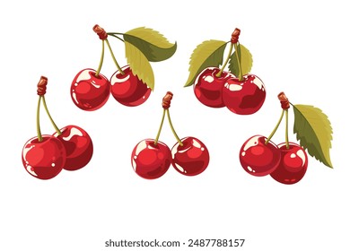 Doodle flat clipart. Sweet red realistic cherry.