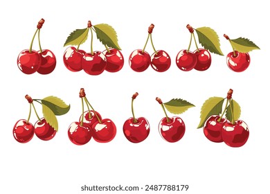 Doodle flat clipart. Sweet red realistic cherry.