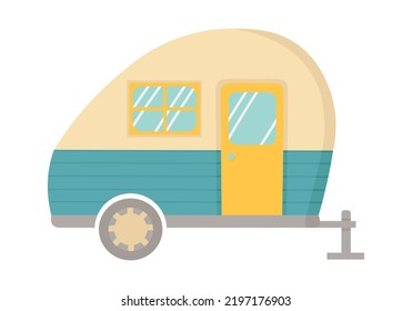 Doodle flat clipart. Travel car, trailer. All objects are repainted.