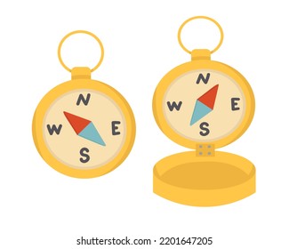 Doodle flat clipart. Travel compass. All objects are repainted.