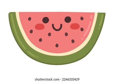 Doodle Flat Clipart. Vector sticker of a slice of watermelon. All Objects Are Repainted.