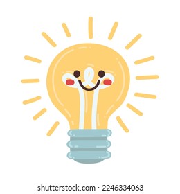 Doodle Flat Clipart. Vector sticker glowing light bulb. All Objects Are Repainted.