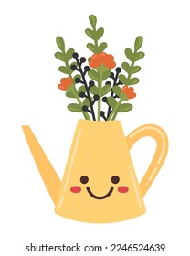 Doodle Flat Clipart. Vector sticker flowers in a watering can. All Objects Are Repainted.