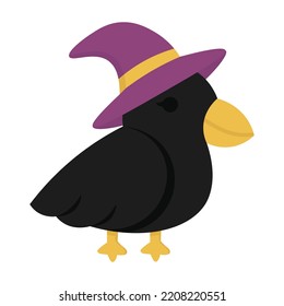 Doodle flat clipart. Witch crow in a hat. All objects are repainted.