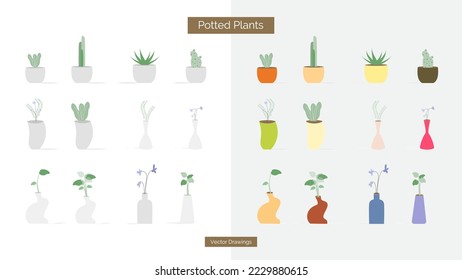 Doodle and flat design potted plants, flower collection. Home decor elements, vector illustrations. Isolated background.