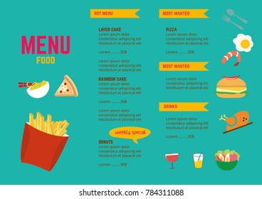 doodle flat design Vector illustration for menu flyer,banners,template, posters, prints,web design.covers for fast food restaurant,cafe, junk food cafeteria in green and blue colours