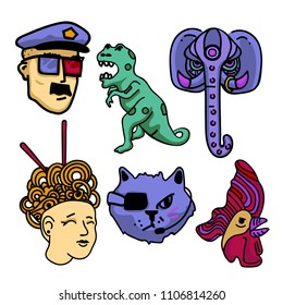 Doodle (flat) illustrations: elephant ganesha, girl with spaghetti, green dinosaur and blue cat, cock, police man, vector 