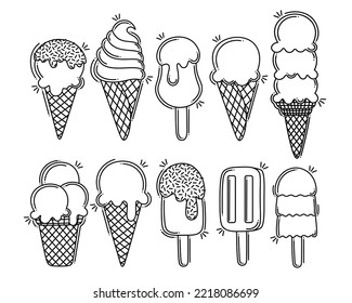 Doodle flat line clipart. Set of simple ice creams. All objects are repainted.