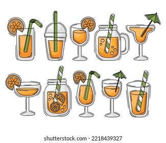 Doodle flat line clipart. A set of cute glasses with cocktails. All objects are repainted.