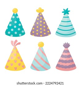 Doodle flat line clipart. Set of cute hats for holidays. All objects are repainted.