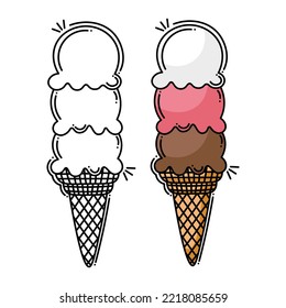 Doodle flat line clipart. Simple vector ice cream. All objects are repainted.