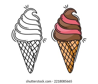 Doodle flat line clipart. Simple vector ice cream. All objects are repainted.