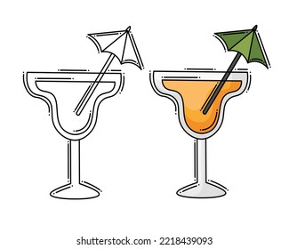 Doodle flat line clipart. Simple vector glass with a drink. All objects are repainted.
