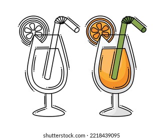 Doodle flat line clipart. Simple vector glass with a drink. All objects are repainted.