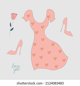 Doodle flat pink little dress decorated with hearts, pumps and rose isolated on grey. Vector romantic elegant set.