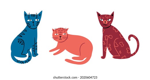 doodle flat set of cute cats. hand drawn cats isolated on white background. colorful vector illustration. illustration for stickers.