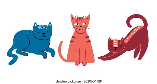 doodle flat set of cute cats. hand drawn cats isolated on white background. colorful vector illustration. illustration for stickers.