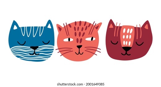 doodle flat set of cute faces of cats. hand drawn cats isolated on white background. colorful vector illustration