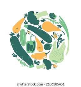 Doodle flat style round vector set of vegetables and fruits. Background with zucchini, broccoli, fennel, cucumber and herbs in green and orange colors. Healthy vegan fresh menu, cooking ingredients.