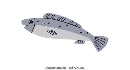 Doodle flat trout fish isolated illustration, one freshwater fish on side view, commercial and recreational fisheries , sea food health diet .