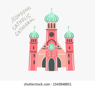 doodle flat vector illustration of jeondong catholic cathedral - one of the most famous temples in South Korea